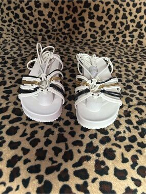 Cape Robbin White Platform Sandals with Black & Gold Accents